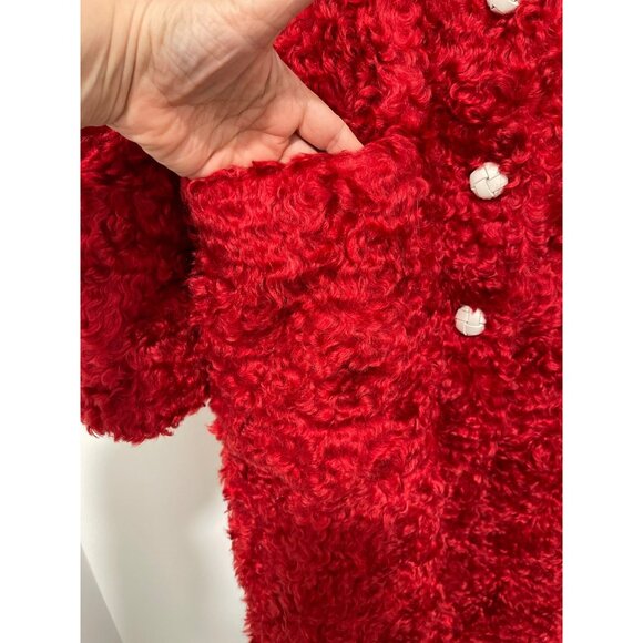New $895 The Gigi Red Faux Fur Teddy Coat Leather Button Size 44 US 10 - Picture 5 of 8